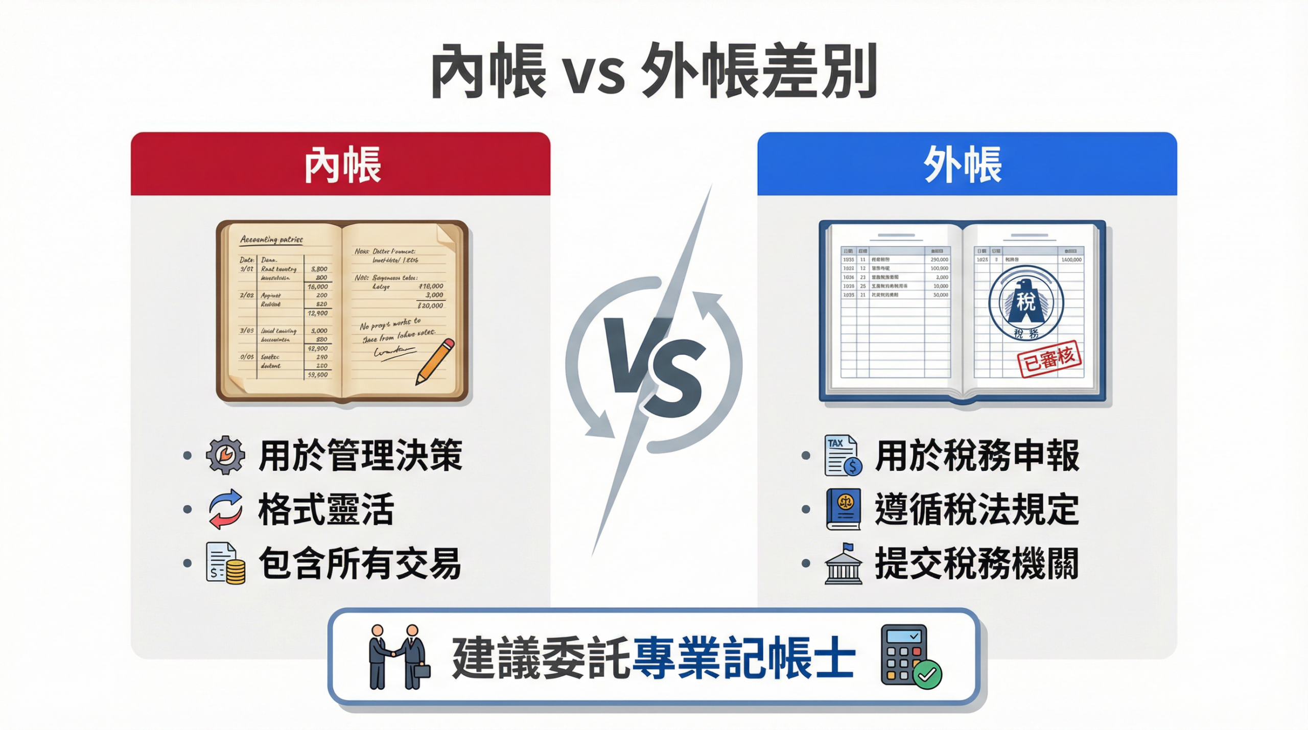內帳 vs 外帳差別：管理決策用途 vs 稅務申報用途