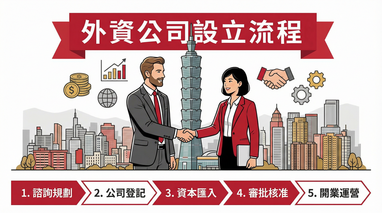 外資公司設立流程圖，包含諮詢規劃、公司登記、資本匯入、審批核准、開業運營等步驟