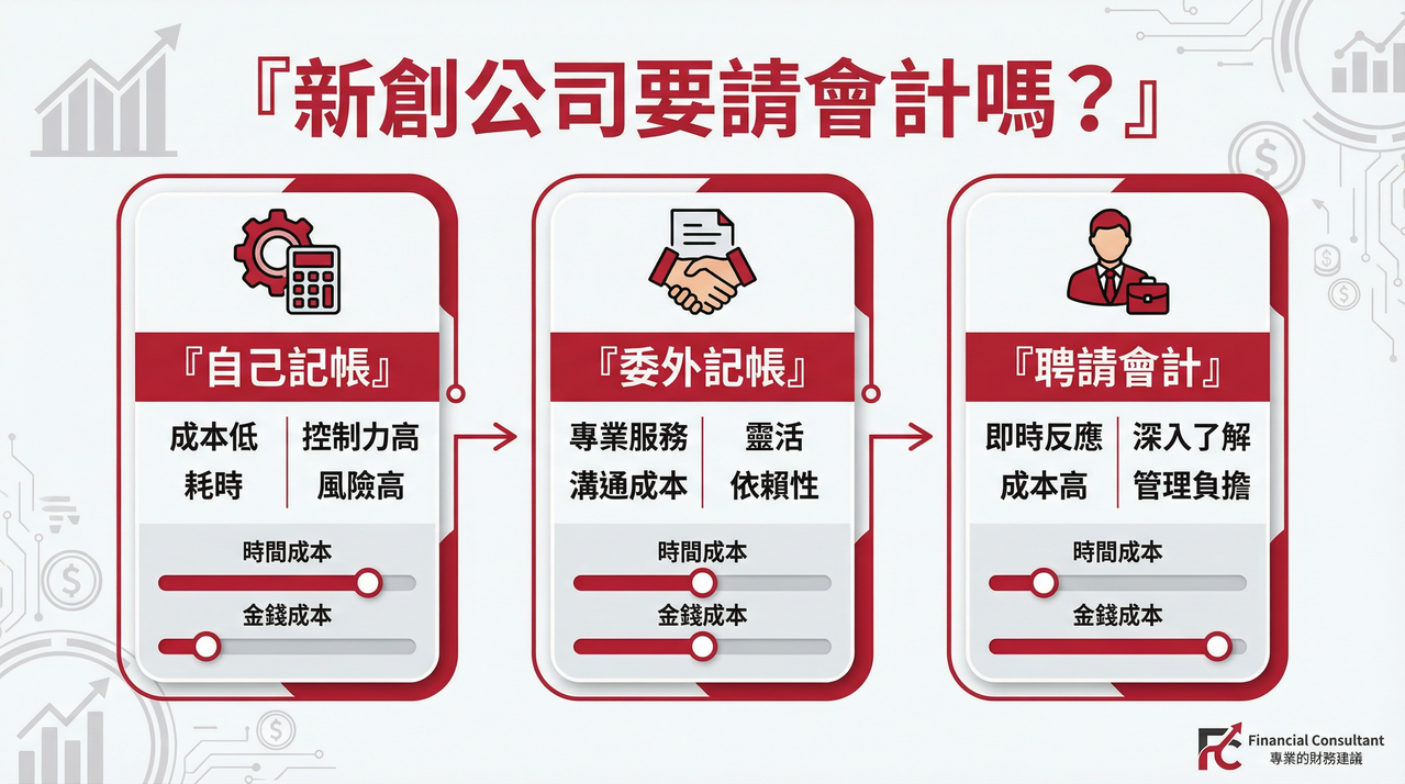 新創公司要請會計嗎？三種會計選項成本效益分析圖表